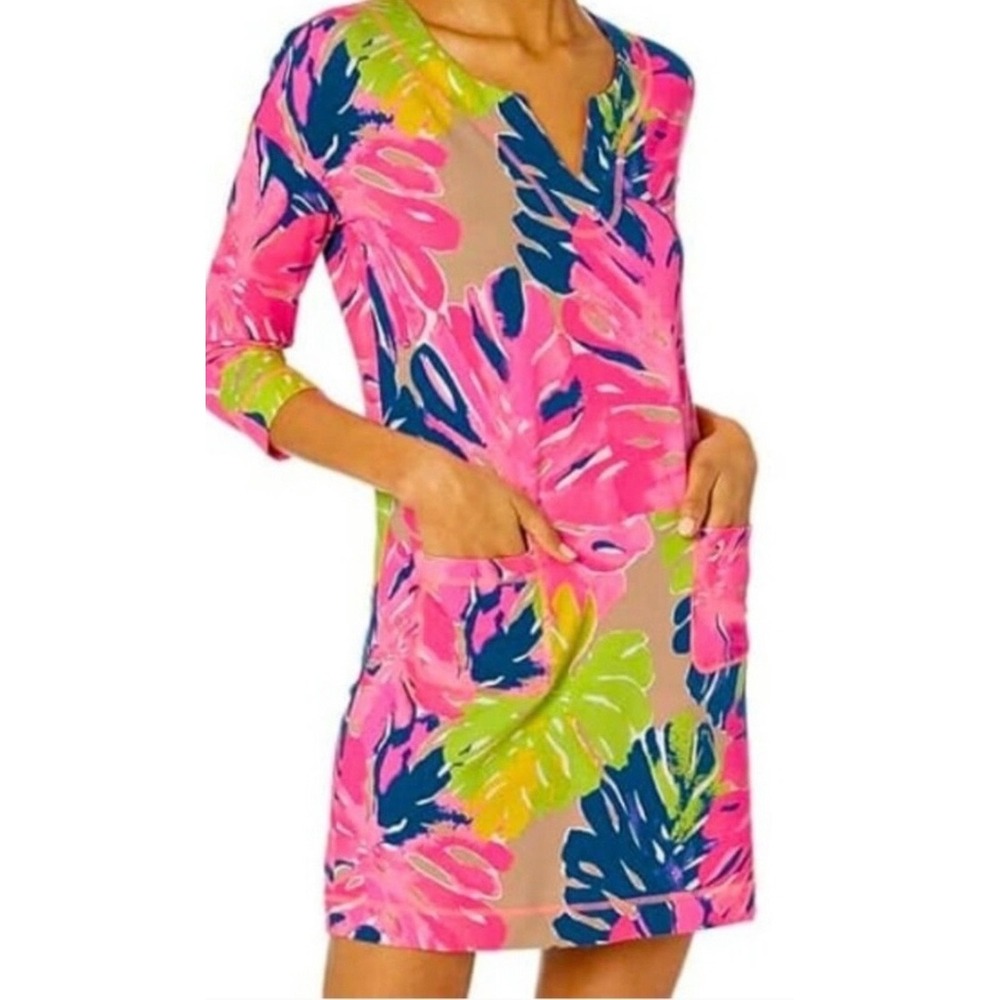 Lilly Pulitzer Monstera Leaf T-Shirt Dress Pink Green 3/4 Sleeve Pockets Small